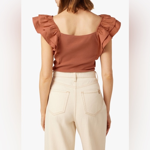 JOES JEANS COLLECTION Leslie Tan Almond RUFFLED SLEEVE RIBBED TANK TOP SMALL - Picture 2 of 10